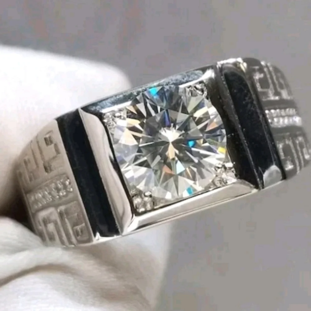 Moissanite Patterned Sterling Silver Mens Engagement Ring Adjustable Band